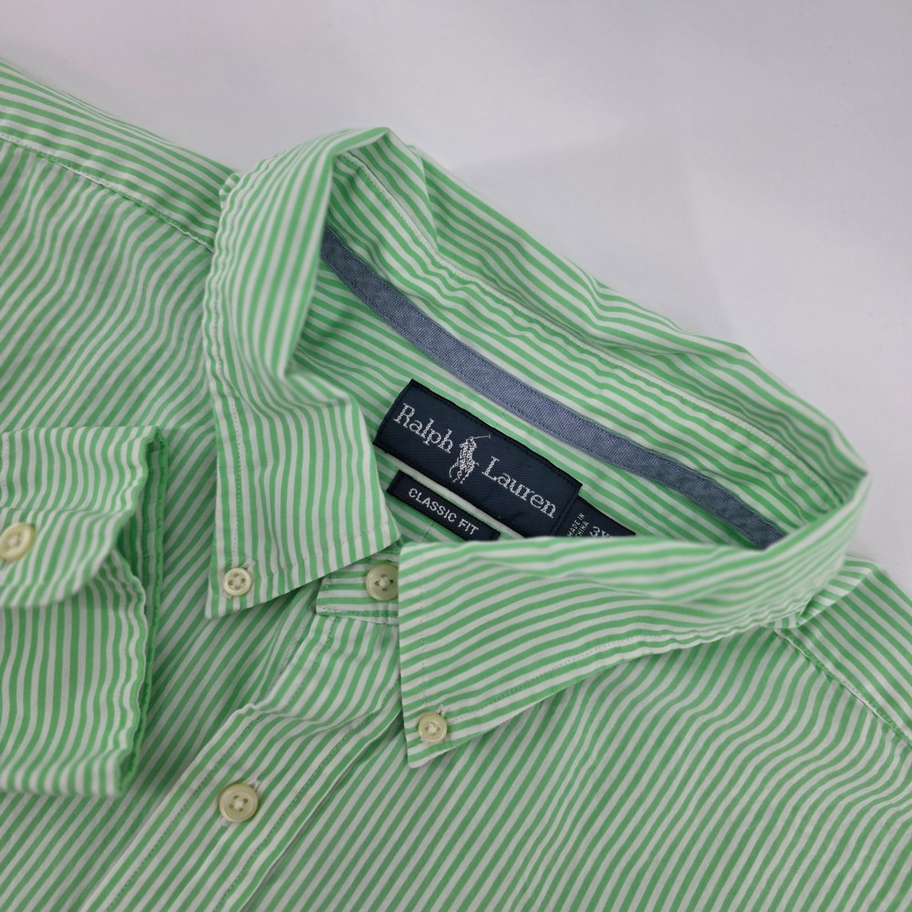 Ralph Lauren Button Down Shirt Mens 3XB Heritage Cotton Classic Fit Green Stripe